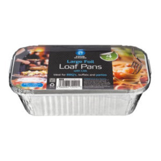  Tin Foil Container 4pk Loaf with Lids (245mm x 140mm x 75mm)